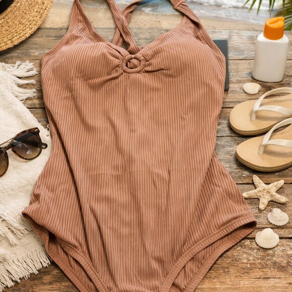modern collective Other - NWT Ribbed One Piece Swimsuit Tan Ring Front L